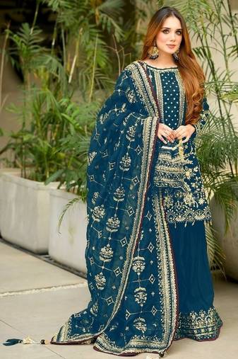  Teal Blue Heavy Embroidered Sharara Suit for Women