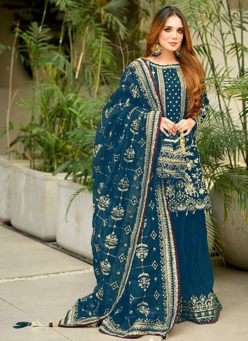  Teal Blue Heavy Embroidered Sharara Suit for Women