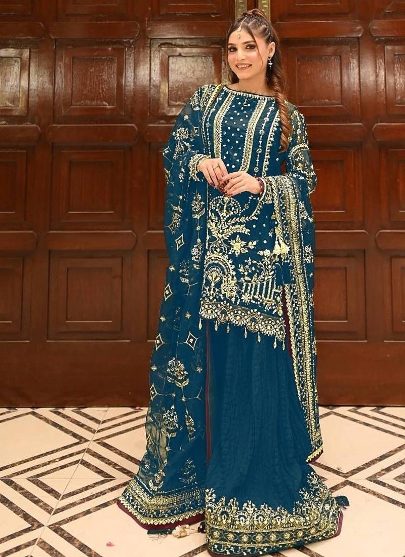  Teal Blue Heavy Embroidered Sharara Suit for Women