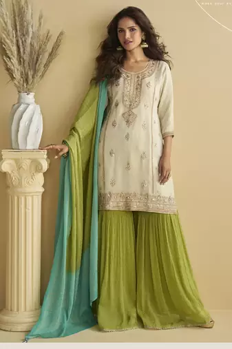 Off white chinon silk embroidered designer sharara suit