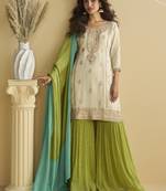 Off white chinon silk embroidered designer sharara suit