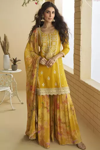 Yellow chinon silk embroidered designer sharara suit