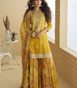 Yellow chinon silk embroidered designer sharara suit