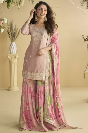 Onion pink chinon silk embroidered designer sharara suit