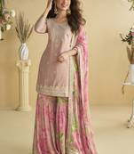 Onion pink chinon silk embroidered designer sharara suit
