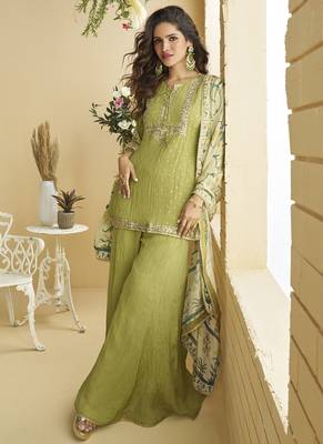 Pista green chinon silk embroidered designer palazzo suit 1