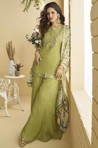Pista green chinon silk embroidered designer plazzo suit