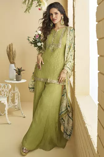 Pista green chinon silk embroidered designer palazzo suit
