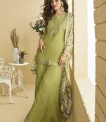Pista green chinon silk embroidered designer palazzo suit