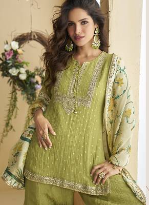 Pista green chinon silk embroidered designer palazzo suit 2