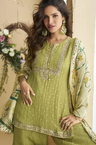 Pista green chinon silk embroidered designer palazzo suit