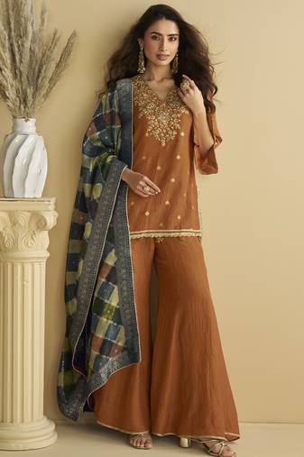 Brown chinon silk embroidered designer plazzo suit