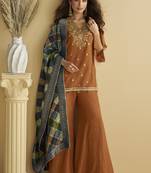 Brown chinon silk embroidered designer Palazzo suit
