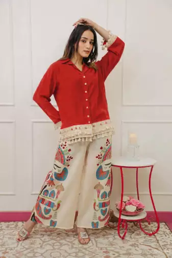Red Cotton Lace-Trim Shirt With Multicolour Printed Palazzo Set