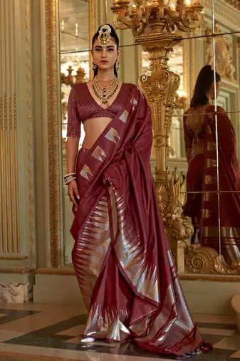 Maroon premium pv super fine soft silk saree with double zari weaving & hand deco finish     party & festive wear