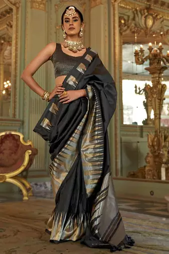 Black color premium pv super fine soft silk saree with double zari weaving & hand deco finish     party & festive wear