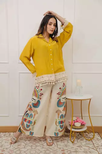 Yellow Cotton Lace-Trim Shirt With Multicolour Printed Palazzo Set