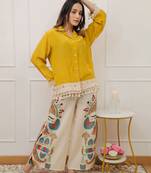 Yellow Cotton Lace-Trim Shirt With Multicolour Printed Palazzo Set
