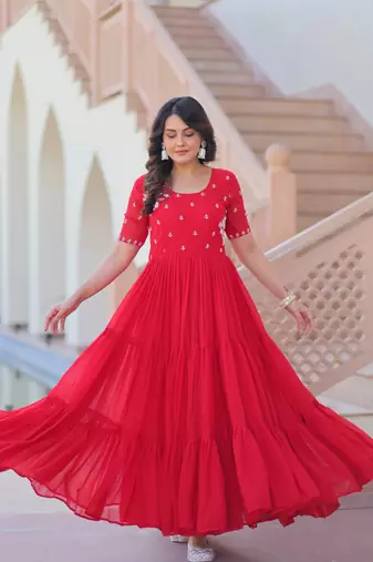 Red Faux Blooming with Beads embroidery-work