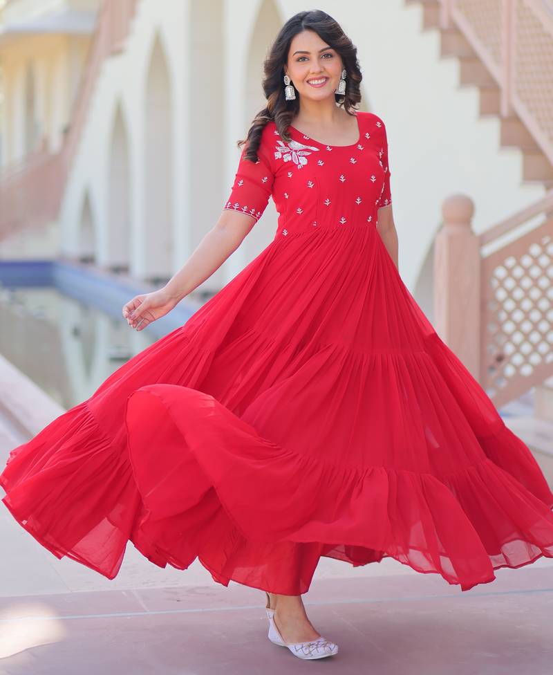 Red Faux Blooming with Beads embroidery-work