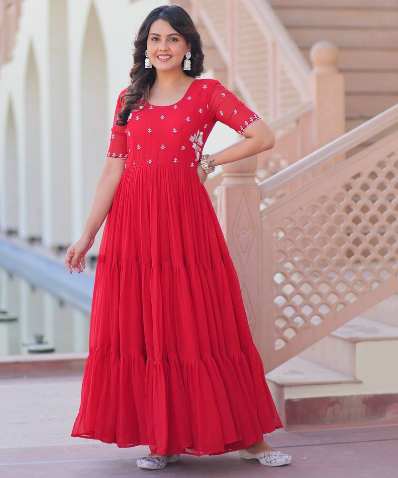 Red Faux Blooming with Beads embroidery-work