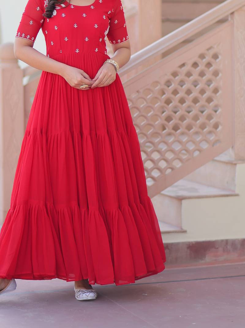 Red Faux Blooming with Beads embroidery-work