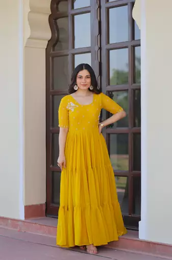 Yellow Faux Blooming with Beads embroidery work