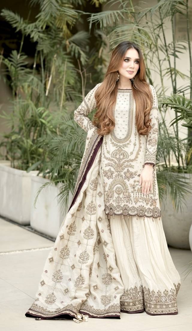 Ivory White Heavy Embroidery Sharara Suit
