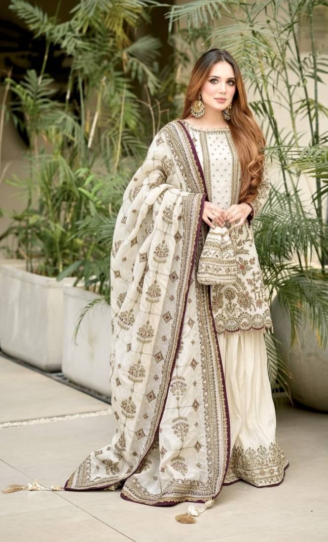 Ivory White Heavy Embroidery Sharara Suit