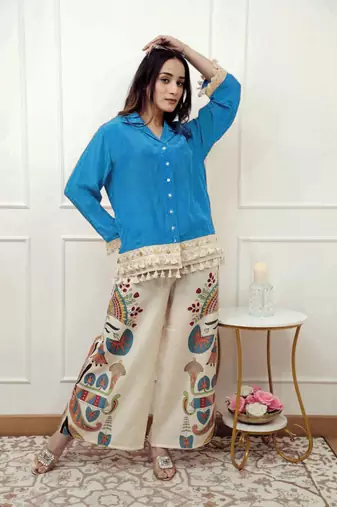 Blue Cotton Lace Trim Shirt With Multicolour Printed Palazzo Set