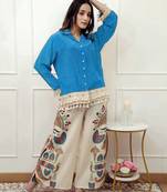 Blue Cotton Lace Trim Shirt With Multicolour Printed Palazzo Set
