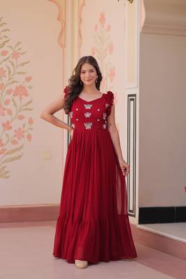 Maroon Faux Blooming Kurti With Beads Embroidery Work 1