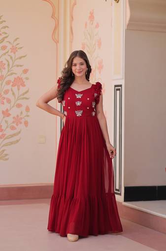 Maroon Faux Blooming Kurti With Beads Embroidery Work