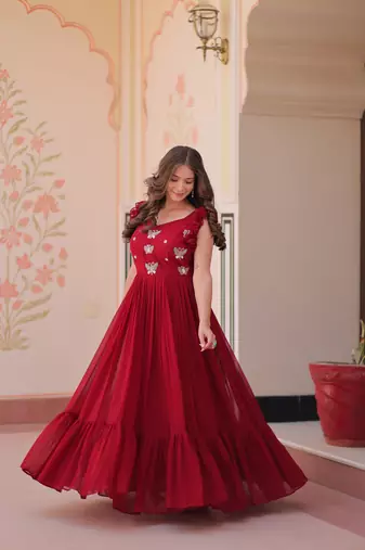 Maroon Faux Blooming Kurti With Beads Embroidery Work