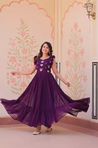 Purple Faux Blooming Kurti With Beads Embroidery Work