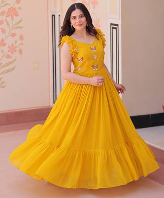 Yellow Faux Blooming Kurti With Beads Embroidery Work 1