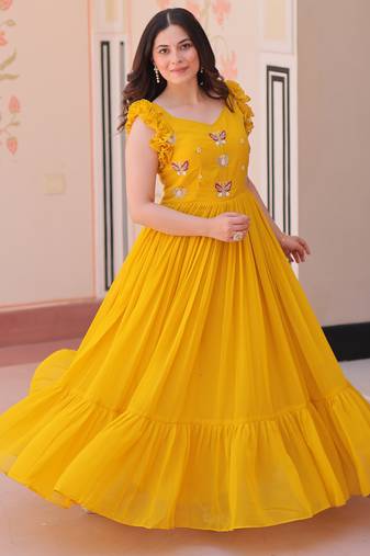 Yellow Faux Blooming Kurti With Beads Embroidery Work