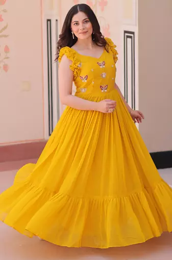 Yellow Faux Blooming Kurti With Beads Embroidery Work