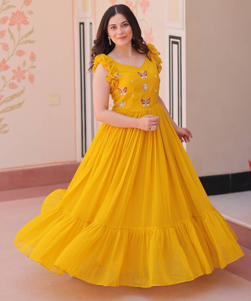 Yellow Faux Blooming Kurti With Beads Embroidery Work