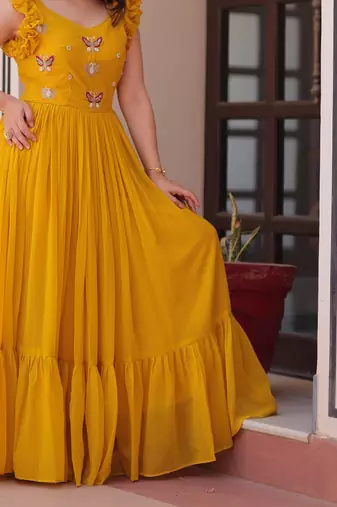Yellow Faux Blooming Kurti With Beads Embroidery Work