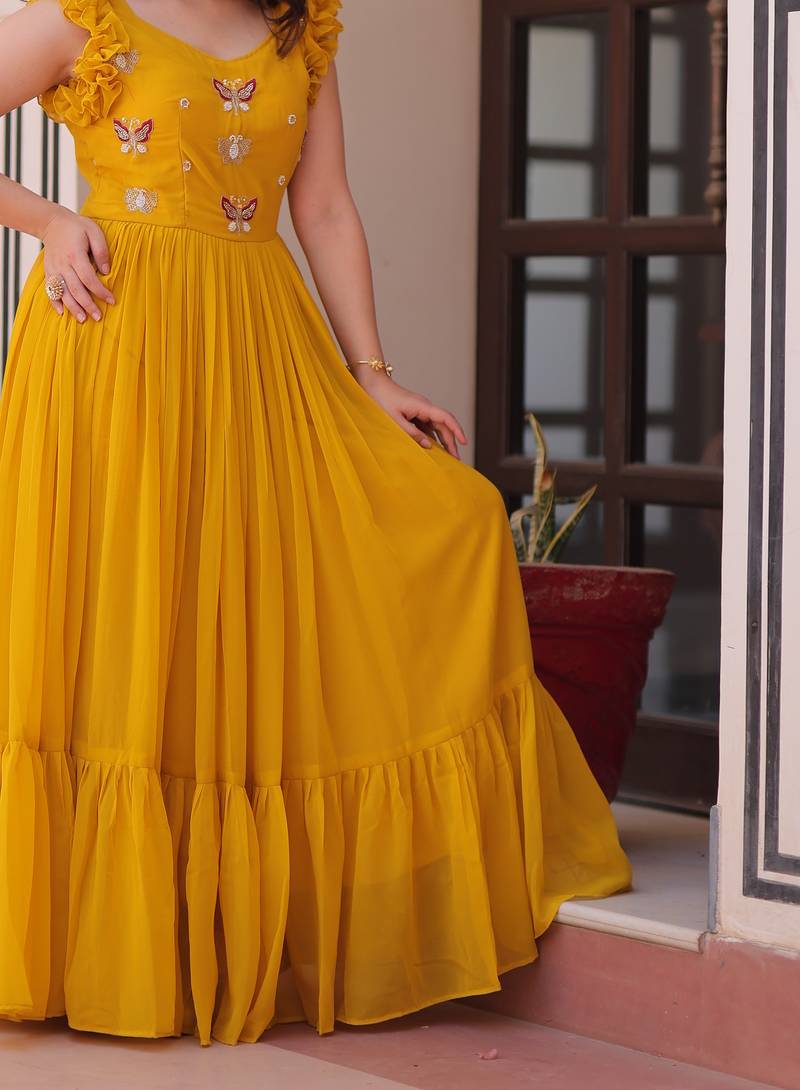 Yellow Faux Blooming Kurti With Beads Embroidery Work