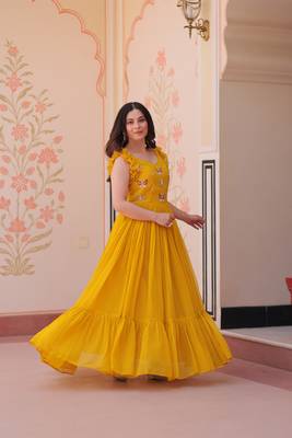Yellow Faux Blooming Kurti With Beads Embroidery Work 5