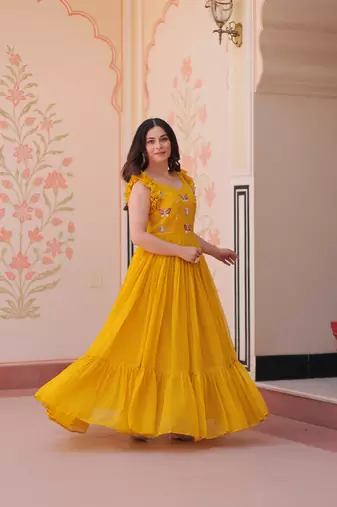 Yellow Faux Blooming Kurti With Beads Embroidery Work