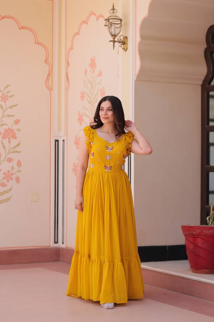 Yellow Faux Blooming Kurti With Beads Embroidery Work