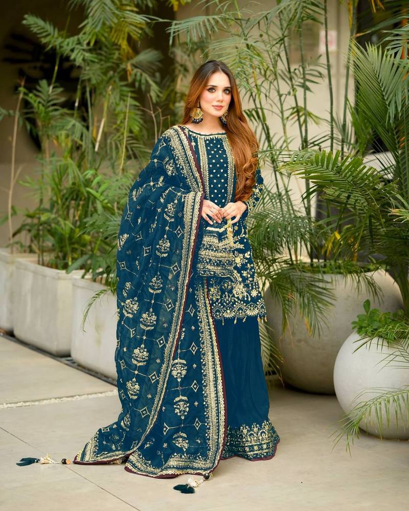  Teal Blue Heavy Embroidered Sharara Suit for Women