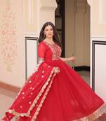 Red  Designer Georgette Gown Dupatta With  Embroidery Zari Sequins-work