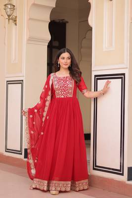 Red  Designer Georgette Gown Dupatta With  Embroidery Zari Sequins-work 3