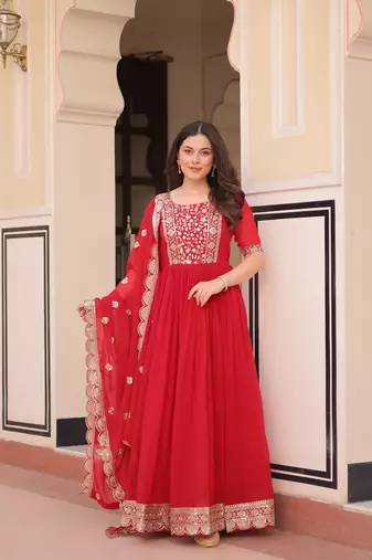 Red Designer Georgette Gown Dupatta With Embroidery Zari Sequins work