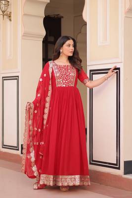 Red  Designer Georgette Gown Dupatta With  Embroidery Zari Sequins-work 5