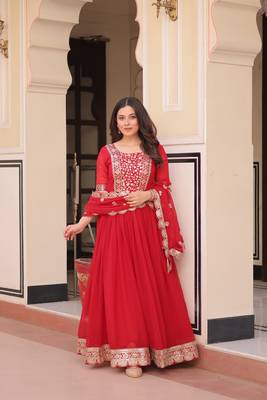 Red  Designer Georgette Gown Dupatta With  Embroidery Zari Sequins-work 6